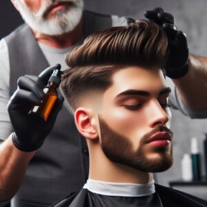 Close-up of a barber gently applying serum to  male client's hair at GQ Men's Hair Lounge, using the proper technique for damaged hair with a soothing scalp massage.
