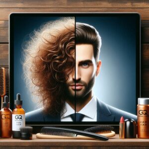 Before and after hair transformation at GQ Men's Hair Lounge, showing frizzy, lifeless hair on the left and smooth, healthy hair after treatment on the right.