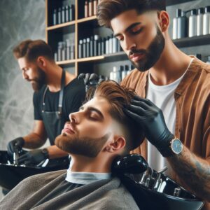 Professional barber applying a deep conditioning treatment to a male client at GQ Men's Hair Lounge, a stylish men's salon in Dubai.