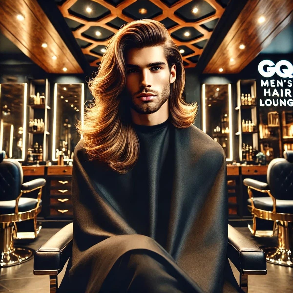 Attractive male model with long, healthy hair sitting in GQ Men's Hair Lounge barbershop near Dubai Marina, showcasing premium hair services like perms, fades, and haircuts in a luxury setting.