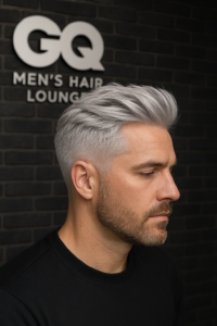A stylish platinum gray hair color treatment done at GQ Men's Hair Lounge in Dubai.