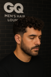 Curly haircut styled at GQ Men's Hair Lounge.
