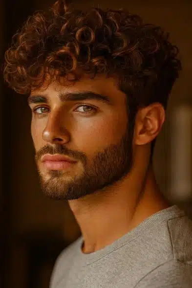 Defined curly men’s hairstyle representing modern curly perm services in Dubai.