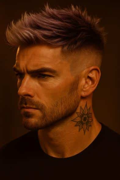 Man with textured purple hair and skin fade haircut at GQ Men's Hair Lounge Dubai