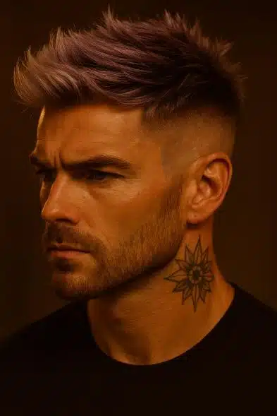 Man with textured purple hair and skin fade haircut at GQ Men's Hair Lounge Dubai