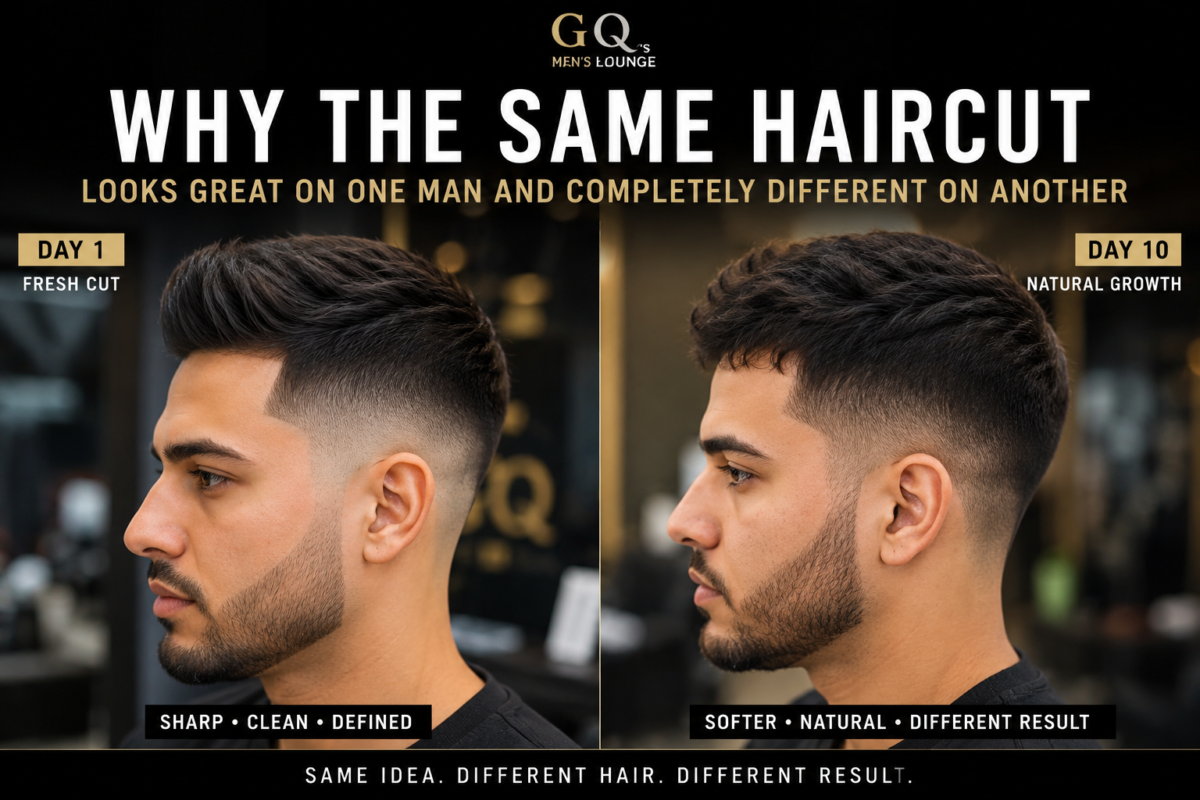 Side-by-side comparison of the same fade haircut on day 1 versus day 10 at GQ Men's Hair Lounge, JLT Dubai