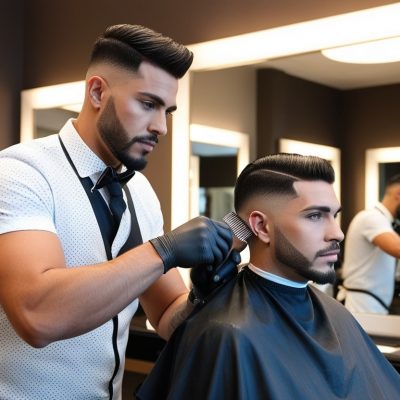 Professional barber giving a clean fade haircut to a stylish male client at GQ Men’s Hair Lounge in Dubai. The luxurious barbershop features modern decor, large mirrors, and warm lighting, showcasing a high-end grooming experience.