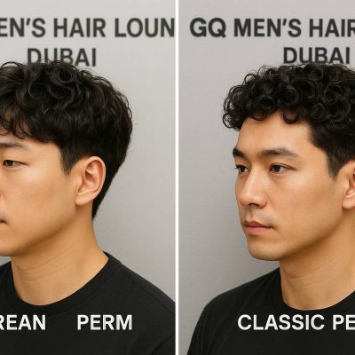 Side-by-side comparison of Korean men’s perm and classic men’s perm styles at GQ Men’s Hair Lounge Dubai showing different curl textures and finishes